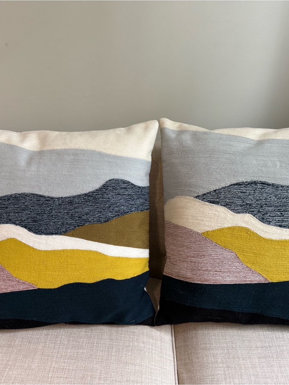 West Elm Crewel Landscape Decorative Pillow Pair 20 each square